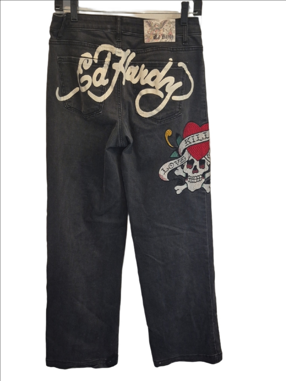 Ed Hardy Black Wide-Leg Jeans with Love Kills Slowly Embroidery